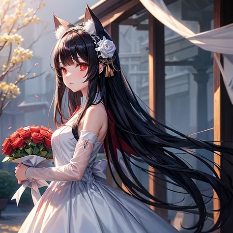 Anime girl with long black hair and a white dress with red roses, Gwaiz, Gwaiz on pixiv artstation, Detailed digital anime art, Beautiful Anime Girls, Gwaiz on artstation pixiv, Anime Style 4k, everyone, Beautiful anime portraits, Detailed portrait of an a...