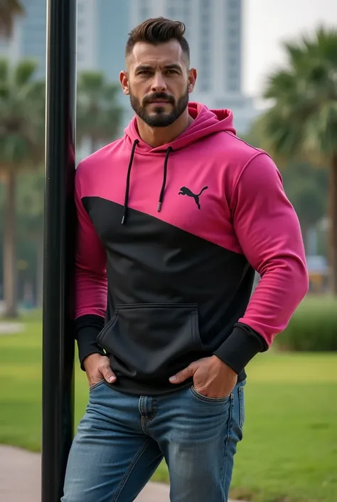 Handsome and muscular man, big chest, strong and muscular legs big bulge, jeans , big crotch bulge, Puma brand sports hoodie two-tone black and pink fashion with beautiful park, Masterpiece close up leaning on a very handsome black pole spectacular in the ...