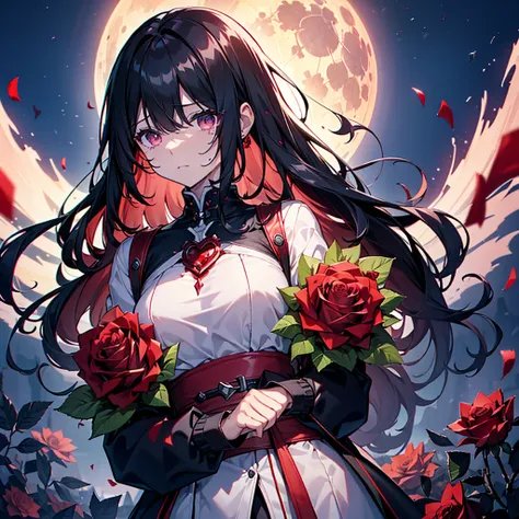 (((Perfect Anatomy、Best Quality、Masterpiece、The best dynamic composition、Super detailed、32K、CG、Super fine)))、A dark, mushy heart、I feel lifeless、心臓にGiant Bladeが突き立つ、Lightless Eyes、Wrapped around the body🌹、Huge shadow of the Grim Reaper in the background、Te...