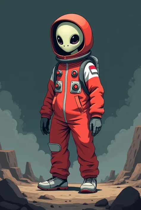 whole body, Flat colors, flat textures, anime, alien in astronaut suit, only one person, apocalyptic background, red and white suit, baggy suit, without lunar helmet, darker background, with Indonesia flag in shoulder 
