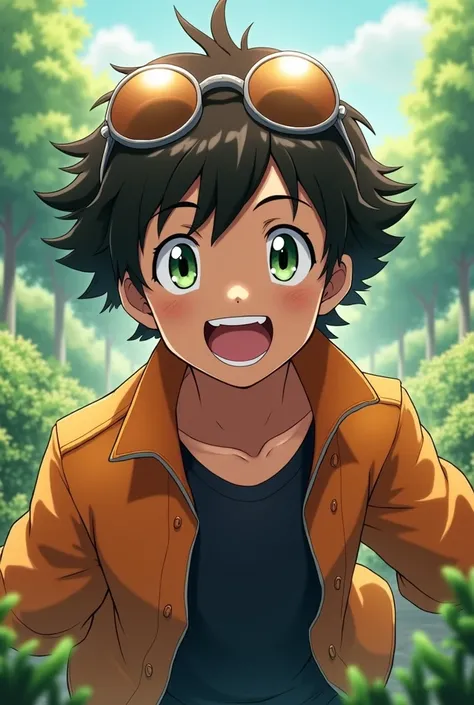 Create an image of an 1 anime boy with dark brown skin, round grass green eyes, shaggy dark brown hair with long sideburns using wind element in a training ground smiling with an orange jacket, black shirt and aviator glasses on his head 