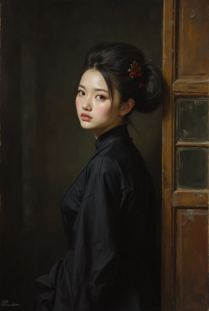 Jen Bartels painting depicts a beautifu Chinesemodel, 2, Chinese girl standing,full-body scene, brown eyes,woeful eyes,wearing black clothing, Chinese cheongsam, street light eyes, the backgroundis dark and heavy,vintage pictorial, A traditional Chinese st...