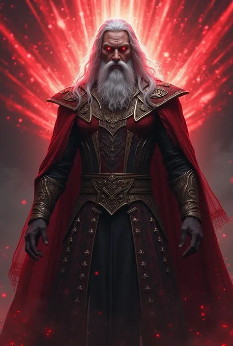 an image of a man,  Prince Nuada with a beard, long silver hair, red eyes, and many red rays. Wearing costumes of Asrgadian gods.
