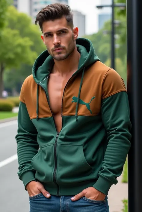 Handsome and muscular man, big chest, strong and muscular legs big bulge, jeans , big crotch bulge, Puma brand sports hoodie two-tone green and brown fashion with beautiful park, Masterpiece close up leaning on a very handsome black pole spectacular in the...