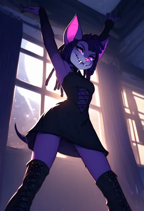 bat furry girl,purple bat furry, black bat furry,petite body,furry,bat furry,dreadlocks,dreadlock hair, dark blue dreadlocks, black goth top,slim body,smiling, arms out pose, goth vampire dress, goth boots, goth hat,space bedroom background, sitting on sta...