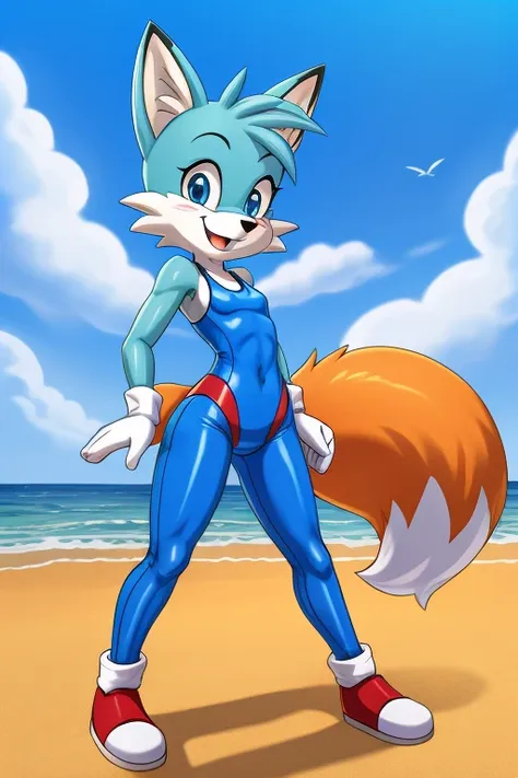 fox cartoon skinny slim in blue lycra swimsuit on beach with happy face