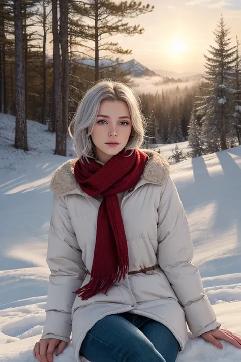 Sexi Fair-skinned young woman with white and light gray hair, sitting in a mountain cabin in winter with sun rays through the fog, sunlight. He has blue eyes and wears a white and red garment with a green scarf, appropriate for a cold environment. The back...