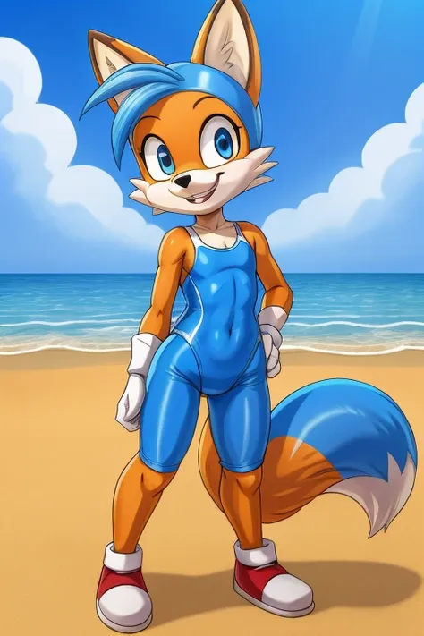 fox cartoon skinny slim in blue lycra swimsuit on beach with happy face