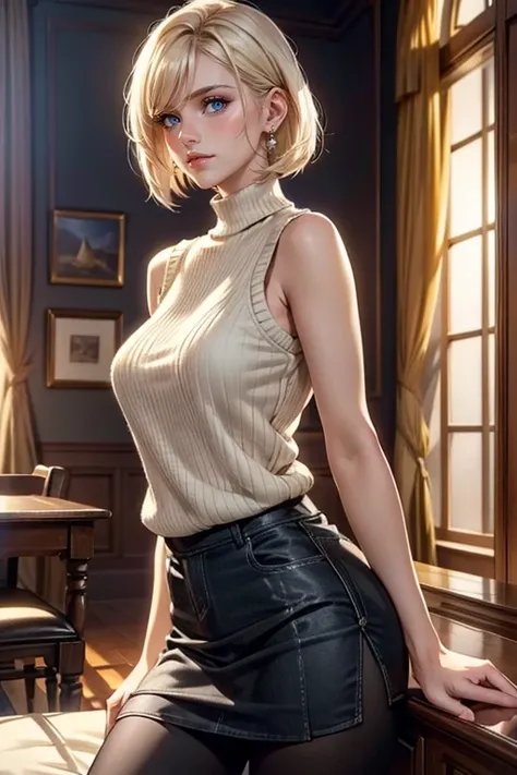 ((masterpiece)), (((best quality))), 1 female, pale white skin, blonde hair, medium hair, bob hair style, beautiful woman, blue eyes, sweet smile, simple earrings, casual clothing, sleeveless sweater, skirt, tights, big breasts, full body view, detailed fa...