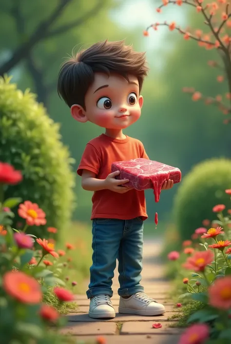 A boy wearing a red shirt, blue jeans, white shoes. Standing in the park holding a piece of raw beef with slime dripping off it, Around him grew small flowers that bloomed, bushes as a background