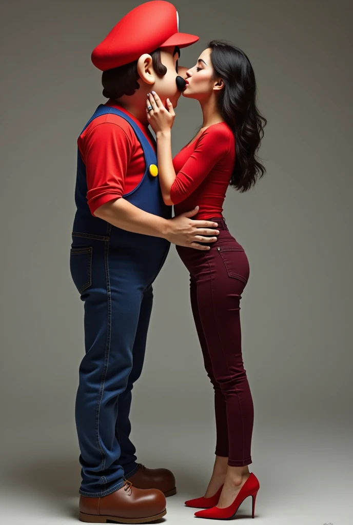 8K HD Good quality picture, Hot Korean woman kissing Mario from Super Mario. Hot Korean woman is wearing red tight shirt, dark red sexy tight skinny jeans, and red high heels. Mario is wearing his original jumpsuit and brown shoes from Super Mario Bros. FU...