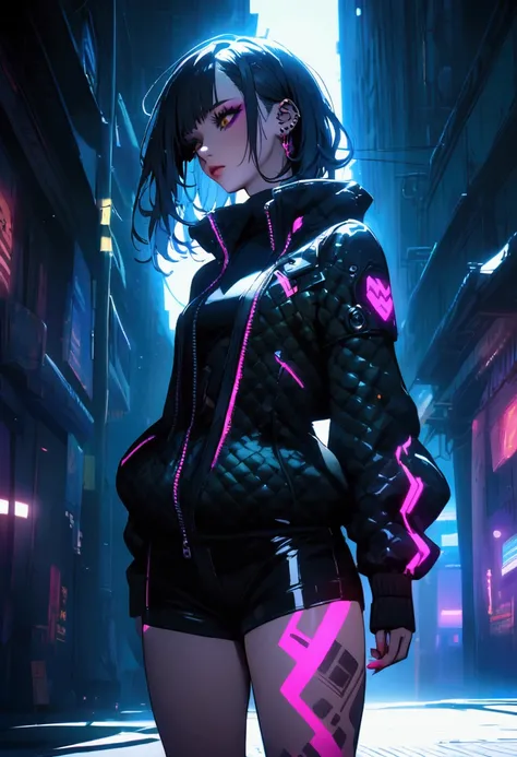 Textured  clothes, cyberpunk girl With tattoes and piercings, 