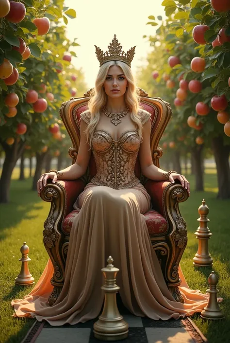 Queen of chess in an orchard with hundreds of fruits 