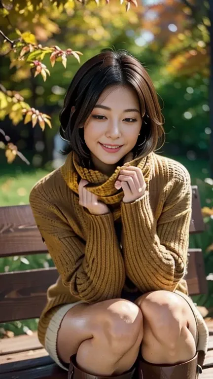 (Best Quality,4K,8k,High resolution,masterpiece:1.2),Very detailed,(Realistic,Realistic:1.3),Beautiful Autumn Holidays,Japanese Wife、Quiet atmosphere,秋のautumn leaves,Cozy atmosphere,Warm sunshine,Golden Leaf,Fresh air,Rustic wooden bench,autumn leaves,((Ea...