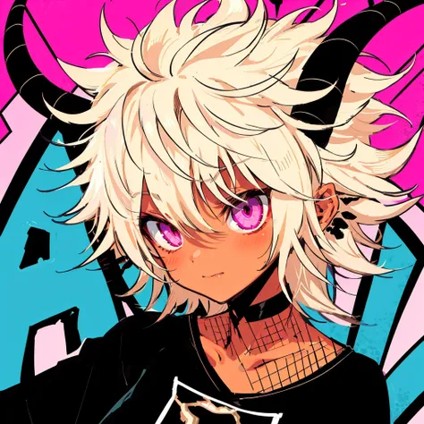 androgynous, Blonde hair, pink eyes, tan skin, dragon horns