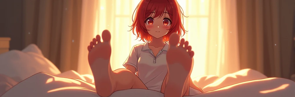 Masterpiece, Girl waking up, sleepy eyes, Red hair, Sitting on the bed, Morning light through the window, sparkling, bare feet, in underwear, fitted polo shirt, beautiful feet, excited face, blushing, excited, opening legs, focus on the feet, anime, foot p...