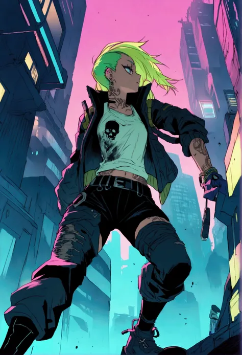 Anime cyberpunk badass girl with skulls on clothes with tattoos and piercings kicking ass in a cyber city run down, textured clothes illustration, post apocalyptic