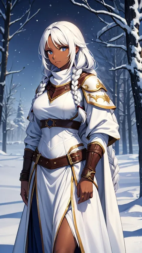 Women, Toned figure, Dark skin, long white hair, braids, light armor over winter clothing, set in medieval times, Winter background