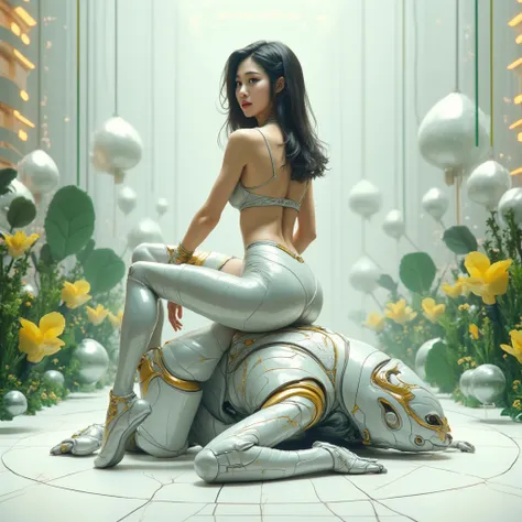 Integrating science fiction and futuristic elements. Axisymmetric composition,a perfect-body beautiful Korean girl is smiling, solo in the center of the photo,  viewed from behind and look back, with an axially symmetric lower body pose, and perfect buttoc...