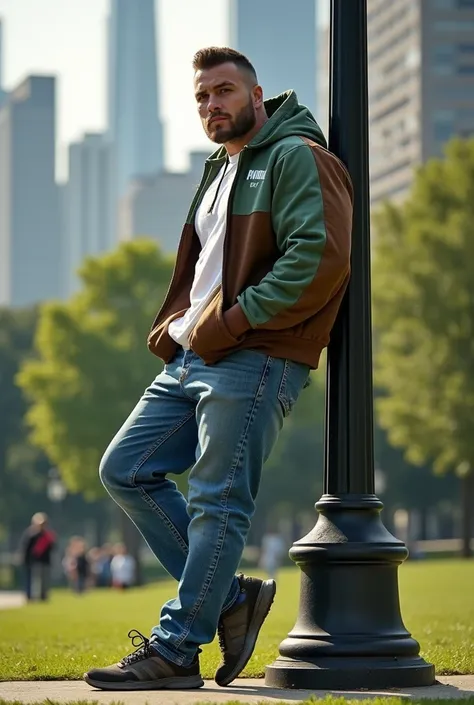 Handsome and muscular man, big chest, strong and muscular legs big bulge, jeans , big crotch bulge, Puma brand sports hoodie two-tone green and brown and white fashion with beautiful park, Masterpiece close up leaning on a very handsome black pole spectacu...