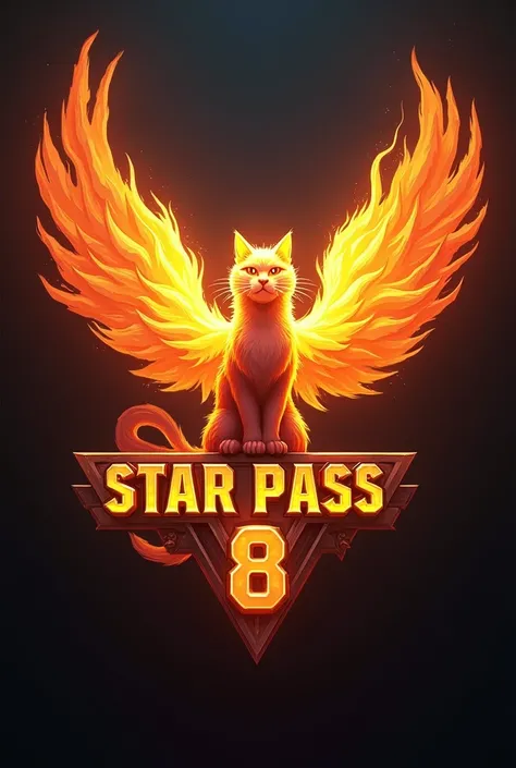 Create a logo with the title Star Pass 8 with the Flaming Cat pet with Giant wings on the screen