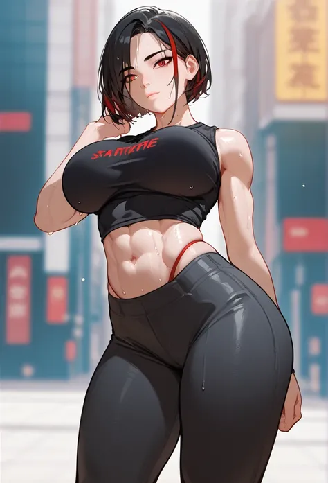 score_9,score_8_up,score_7_up,score_6_up,score_5_up,score_4_up,
 Asian, short black sleeveless t-shirt, black pants, short black hair with red highlights, red eyes, Sweaty, heavy breasts, Thick legs, fit, Neckline, thicc body, Wide hip, visible curves, Big...