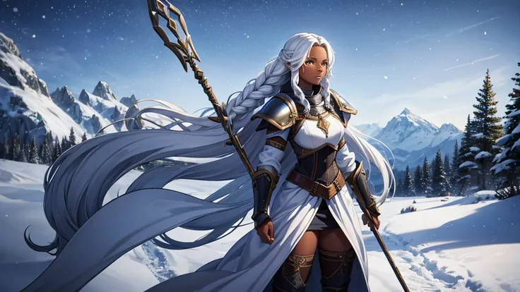 1 woman, Toned figure, Dark skin, long white hair, braids, light armor over winter clothing, set in medieval times, Winter background, holding a spear with both hands