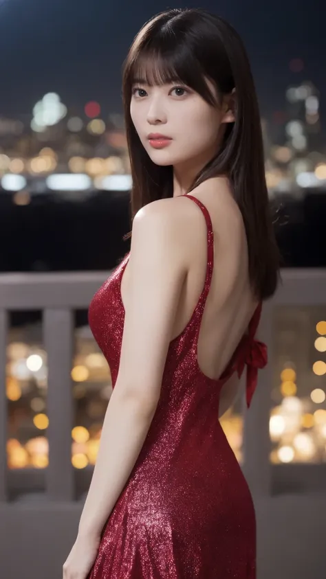 1girl,(wearing a red glittery evening mini dress:1.2),(raw photo, best quality), (realistic, photo-realistic:1.4), masterpiece, ...