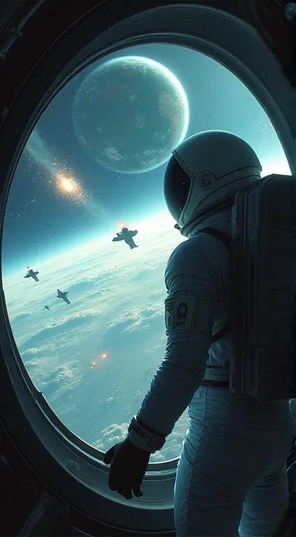 An astronaut watching the earth being invaded by aliens.