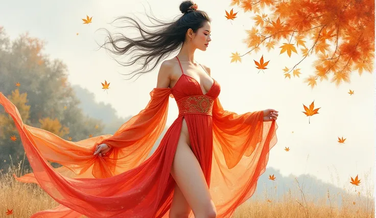 ((Watercolor drawing)), beautiful chinese woman with big breasts in revealing national dress, USA, autumn, ((the wind tears off the outfit)), you can see the legs. The leaves are falling, 