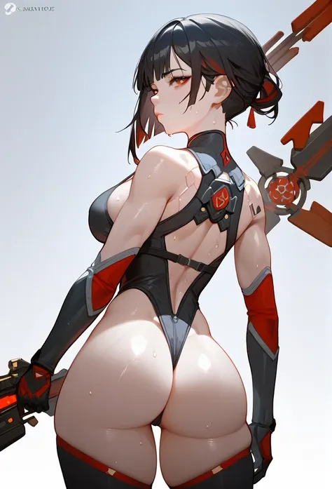 score_9,score_8_up,score_7_up,score_6_up,score_5_up,score_4_up,
 Asian, short black hair with red highlights, red eyes, Futuristic soldier, genshin style, stylized black clothing, weapons, cyberpunk genshin, Sweaty, heavy breasts, Thick legs, fit, Neckline...