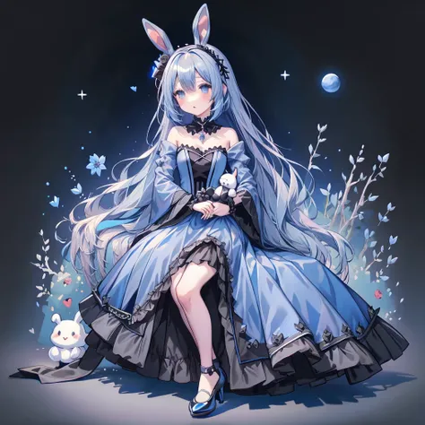 Chibi、Royal blue background、Black clothes、Long sleeves with flared cuffs、Shoulders are exposed、One-piece flared skirt、A rabbit holding a stuffed toy in one hand、Black and royal blue palette、Gothic Shoes、Front facing、Black Rose、🌙、Perfect Anatomy、heart、