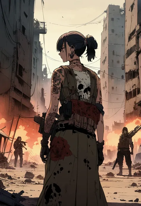 Anime, textured clothes, guns, machinery, post apocalyptic, rebel, skulls on clothes, illustration, cyberpunk, tattoos and piercings, dooms day, war, anime girl, 