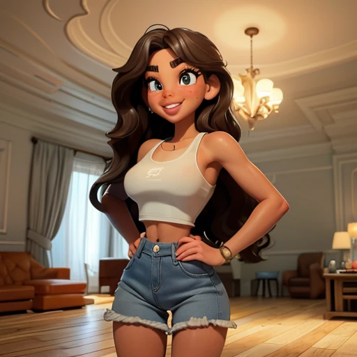 1girl. Full body. Tan skin, freckles on nose, freckles on cheeks, tiny beautiful tiny nose, big eyes, dark brown hair, wavy hair, young, big smile, huge . Wearing a white tank top and denim shorts. Shes in a living room with some toys in the floor