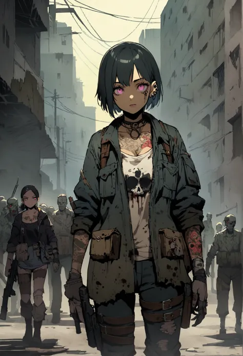 Anime, textured clothes, guns, machinery, post apocalyptic, rebel, skulls on clothes, illustration, cyberpunk, tattoos and piercings, dooms day, war, anime girl, bombs, zombies