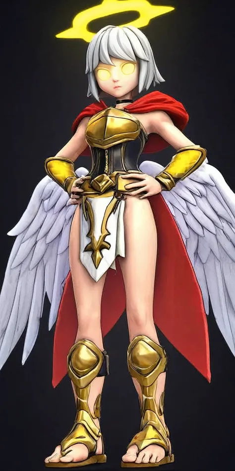 (Black background) paladin lady in ornate golden armor, black collar, pauldrons, breastplate, leather corset, glowing halo, short bob hair style, yellow glowing eyes, bright pupils, eye focus, red cape (full body, whole body, 1solo girl) fighter, loincloth...