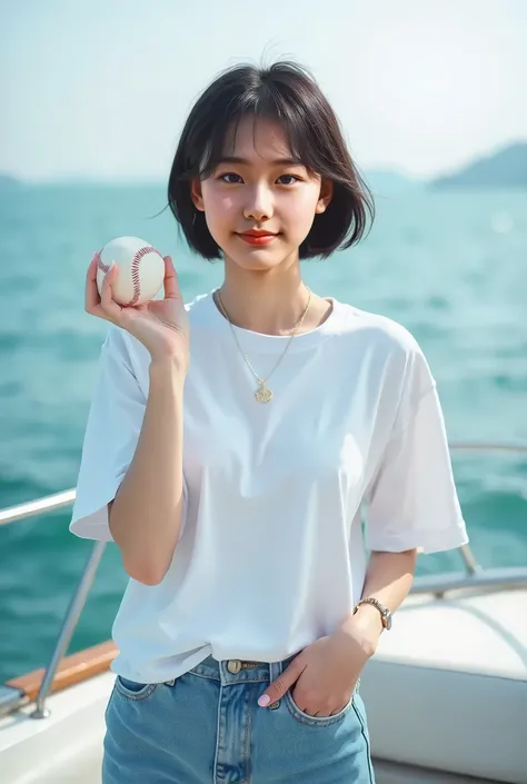 Highly realistic 8k photos, sea background, standing on a boat, One hand is raised to the side and a baseball is placed on the palm., The other hand is holding the thumb up, Korean woman, Wearing a white t-shirt and jeans, Standing straight ahead, Looking ...