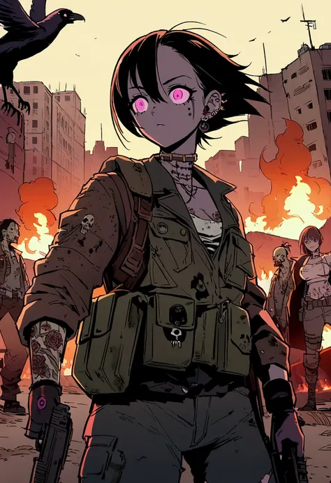 Anime, textured clothes, guns, machinery, post apocalyptic, rebel, skulls on clothes, illustration, cyberpunk, tattoos and piercings, dooms day, war, anime girl, bombs, zombies, tanks, military, Ravens, 