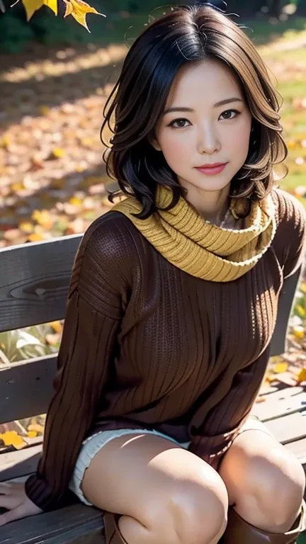 (Best Quality,4K,8k,High resolution,masterpiece:1.2),Very detailed,(Realistic,Realistic:1.3),Beautiful autumn holidays,Japanese Wife、Quiet atmosphere,秋のautumn leaves,Cozy atmosphere,Warm sunshine,Golden Leaf,Fresh air,Rustic wooden bench,autumn leaves,((Ea...