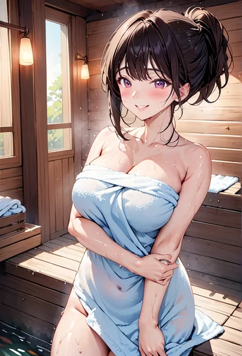 pretty girl、large breasts、g-cup、wrap a bath towel around your body、random hairstyle、random pause、blushed、shy、smile,sauna、超high r...