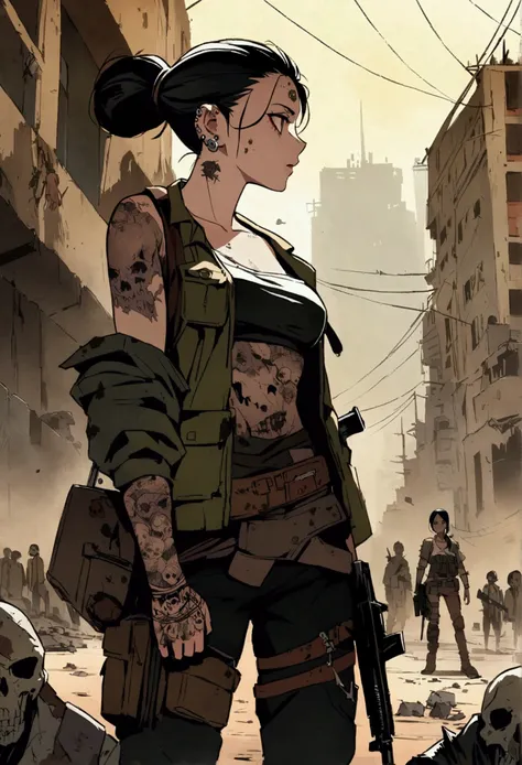 Anime, textured clothes, guns, machinery, post apocalyptic, rebel, skulls on clothes, illustration, cyberpunk, tattoos and piercings, dooms day, war, anime girl, bombs, zombies, tanks, military, Ravens, 