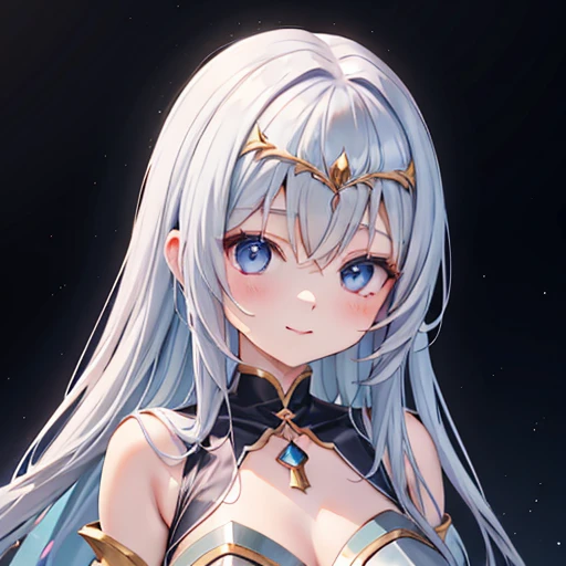 Anime girl with blue eyes and blue luxurious long dress, Smooth Anime CG Art,Chest、Detailed Digital Animation Art、Realistic shiny armor,Half Up Hair、Curly hair、Jeweled circlet、Portrait anime girl rendering, Close to portrait,A smile、Transparent anime art, ...