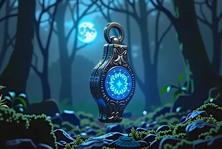 Magic Whistle　Strange Shape　silver　Beautiful decoration　Blue magic pattern　Blue sparkling light　Mysterious night forest background　Floating