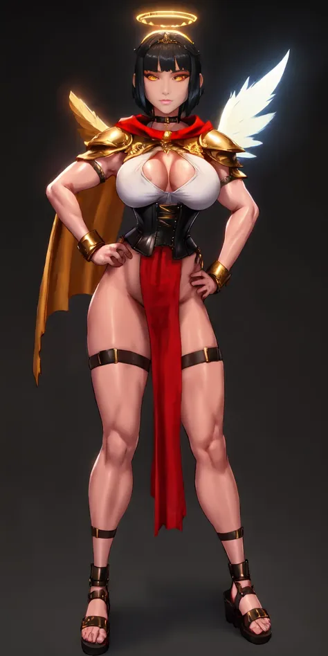 (Black background) paladin lady in ornate golden armor, black collar, pauldrons, breastplate, leather corset, glowing halo, short bob hair style, yellow glowing eyes, bright pupils, eye focus, red cape (full body, whole body, 1solo girl) fighter, loincloth...