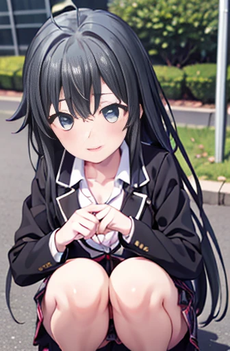 Yukino, Yukino Yukinoshita, １A woman and a calico cat,black hair, blue eyes, long hair, Ahoge,blush,smile,Happy atmosphere break blazer, Cardigan, Jacket, plaid, plaid skirt, school uniform, skirt, sobu high school uniform,squatting down and playing with t...