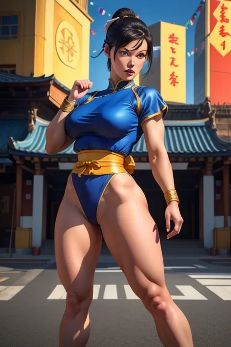 1girl, chun li, blue short qipao, fighting pose, full body, athletic build, large bust, buddhist temple background, street fighter 2 character, detailed face and eyes, long eyelashes, detailed lips, intricate details, vivid colors, dramatic lighting, (best...