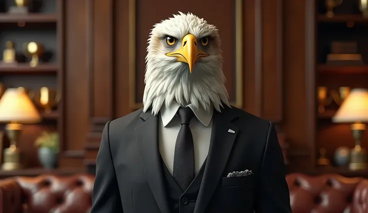 ultra realistic eagle with suit and tie, in the background luxurious business room, trophies, convey depth