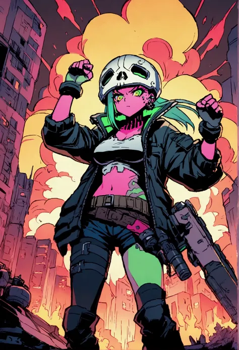 Cyberpunk Girl, skull helmet, texted clothes, illustration, very high quality, tattoos on piercings, rebel, kickass pose, weaponry and machinery, cybercity destroyed, explosions, 