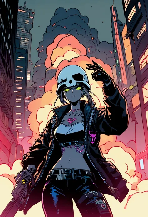 Cyberpunk Girl, skull helmet, texted clothes, illustration, very high quality, tattoos on piercings, rebel, kickass pose, weaponry and machinery, cybercity destroyed, explosions, cybernetics, full skull helmet, punk rock