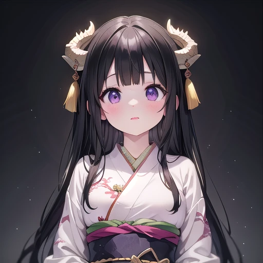 (A superb exquisite Chitanda Eru), (mature face), (((half-body))), purple eyes, long black hair, natural straight hair, straight bangs, solo, [Small_breasts: large_breasts: 0.5], ((wearing a kimono with green chinese dragon print, embroidery, dragon embroi...